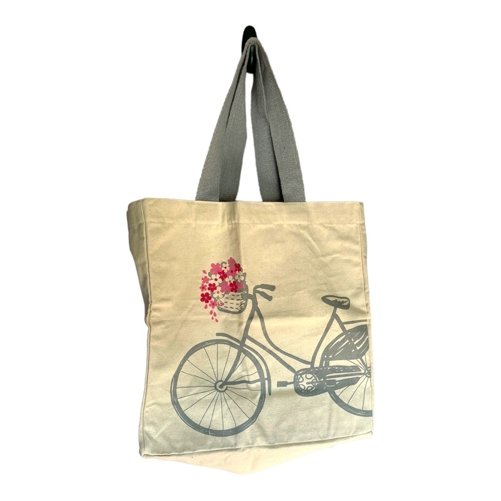 Cottagecore Style Canvas Market Tote with Bicycle and Flowers
